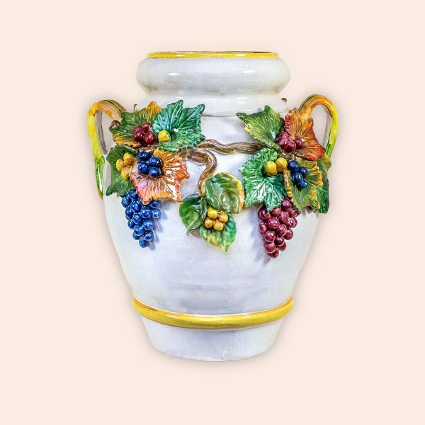 ROUNDED VASE IN CRACKLED WHITE WITH GRAPE AND VINE LEAVES CM.52H